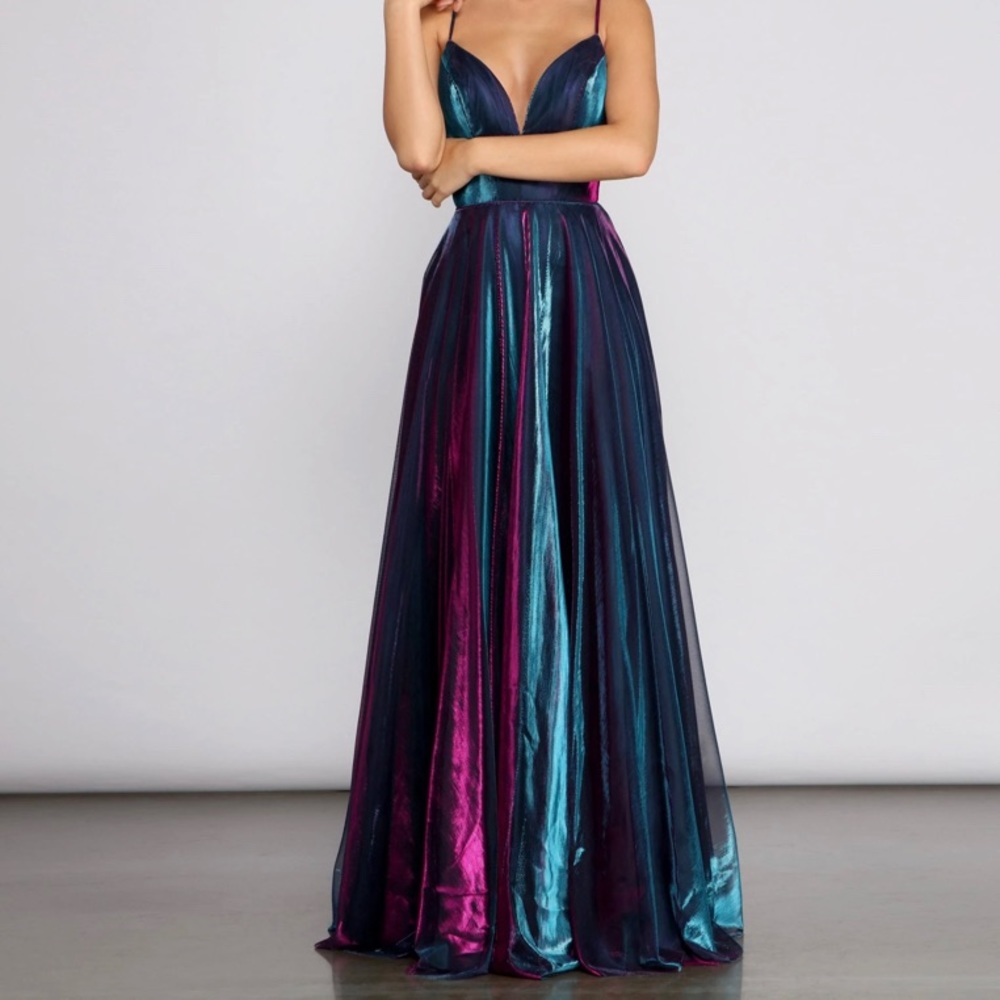 Iridescent blue purple prom dress ball gown evening plunge spaghetti strap maxi